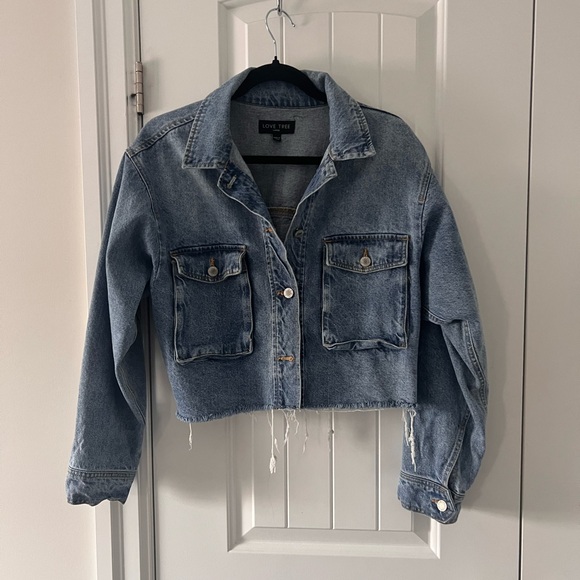 Love Tree Cropped Raw Frayed Hem Blue Jean Jacket - Picture 2 of 4